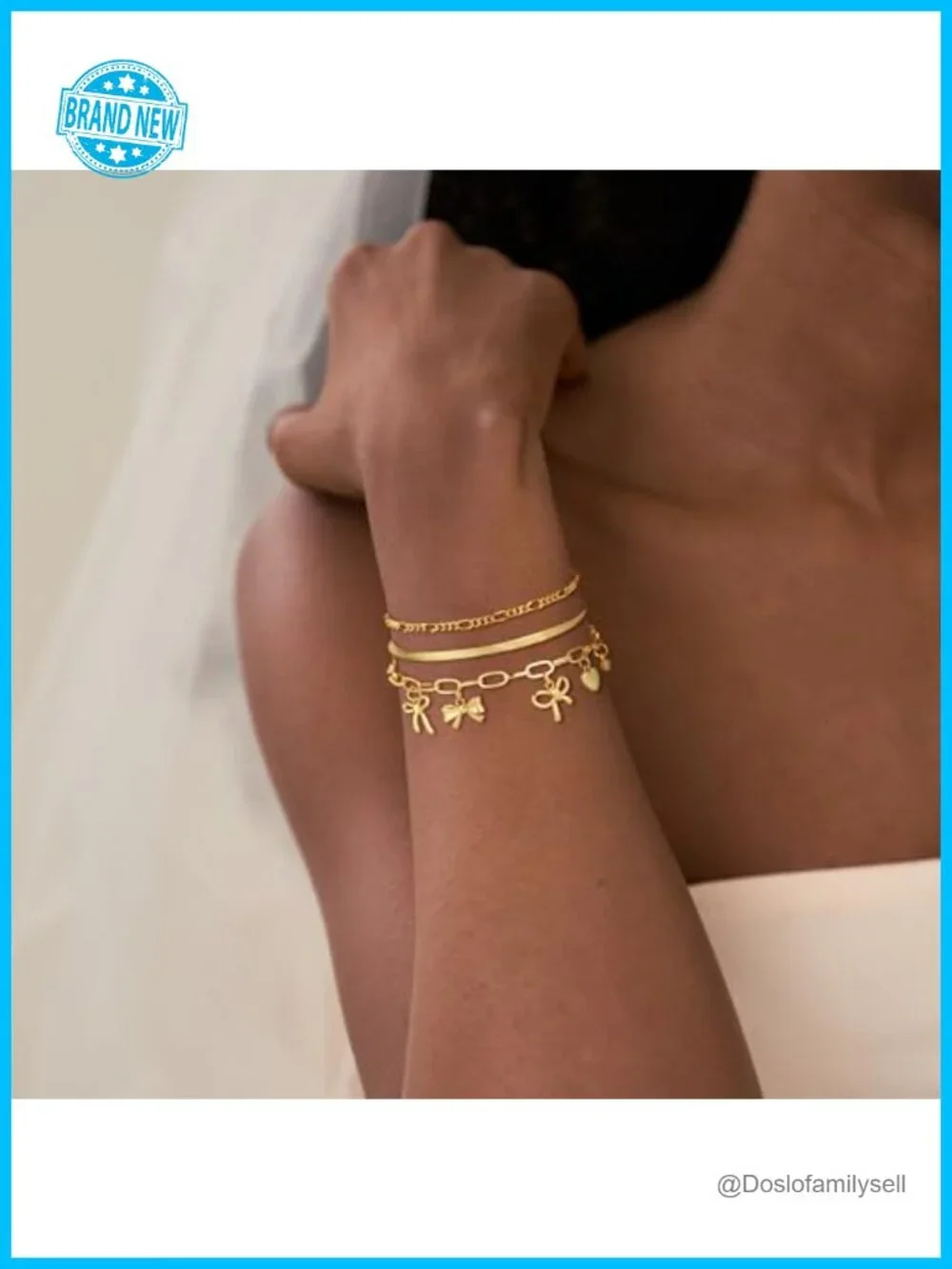 3PC Charm Gold Bracelet Set Non Tarnish 14k Plated Dainty Stackable Trendy